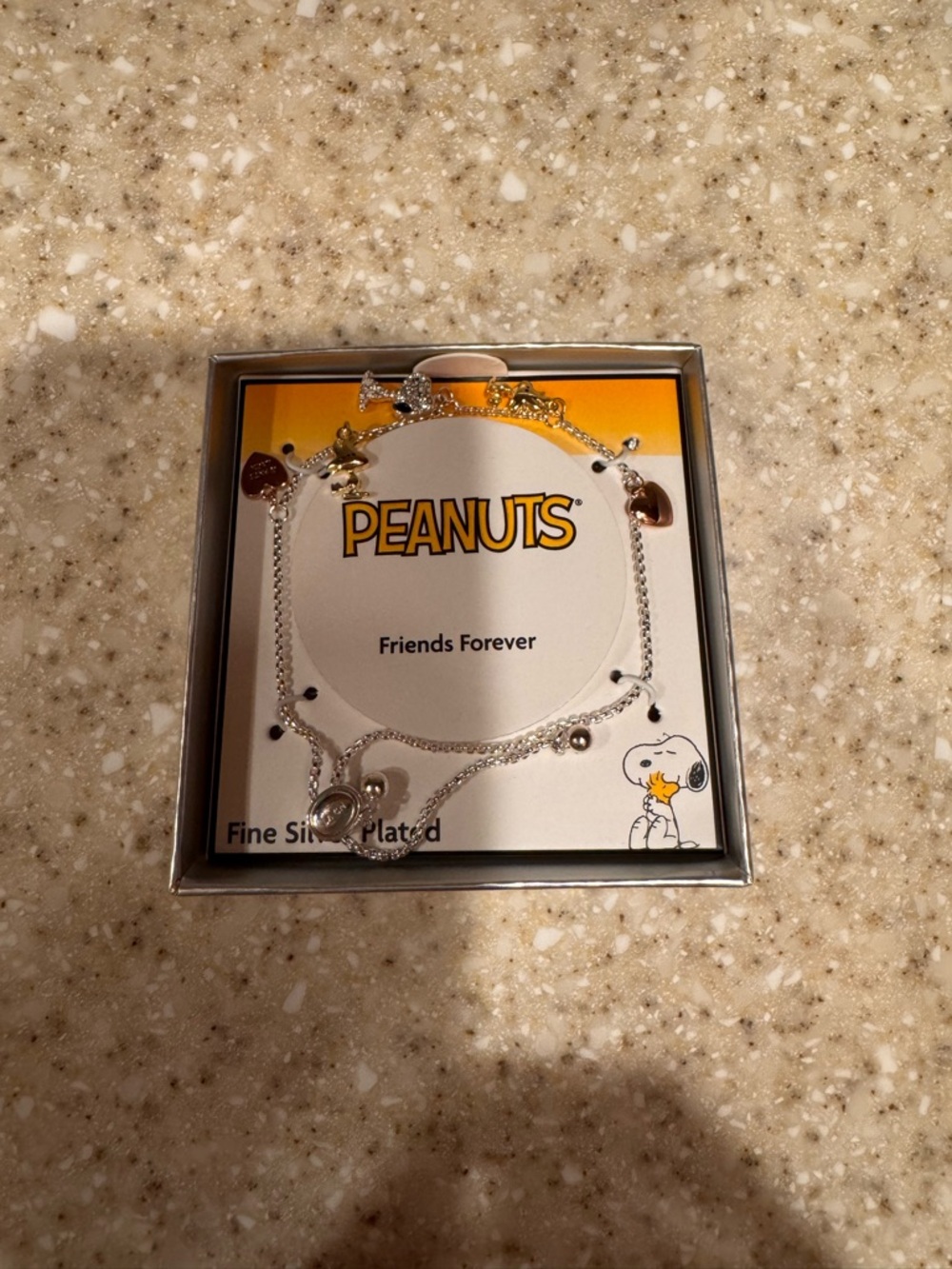 Peanuts Silver Plated Snoopy Charm Bracelet “Friends Forever”with Heart Accents